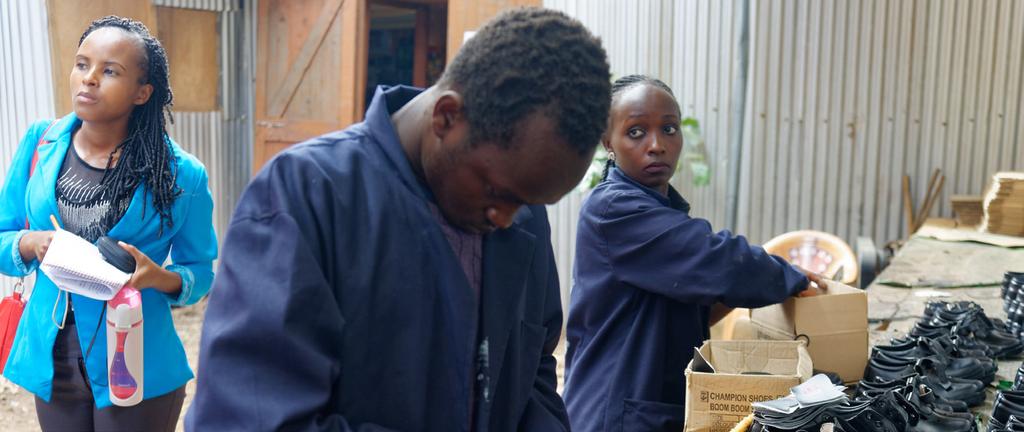 NOW WE ARE EMPOWERED, WE CAN PRODUCE ECO-FRIENDLY SHOES WITH THE QUALITY WE WANT On the factory floor of Champion Shoes in Thika, northeast of the Kenyan capital Nairobi, James Mwaura, owner of
