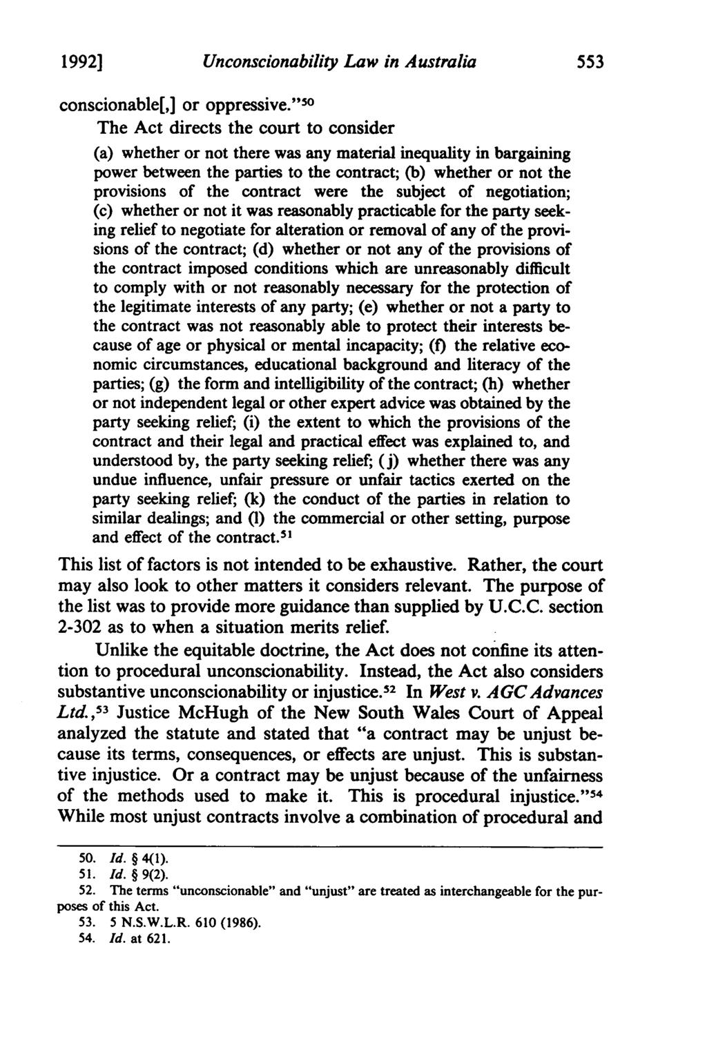 1992] Unconscionability Law in Australia conscionable[,] or oppressive.