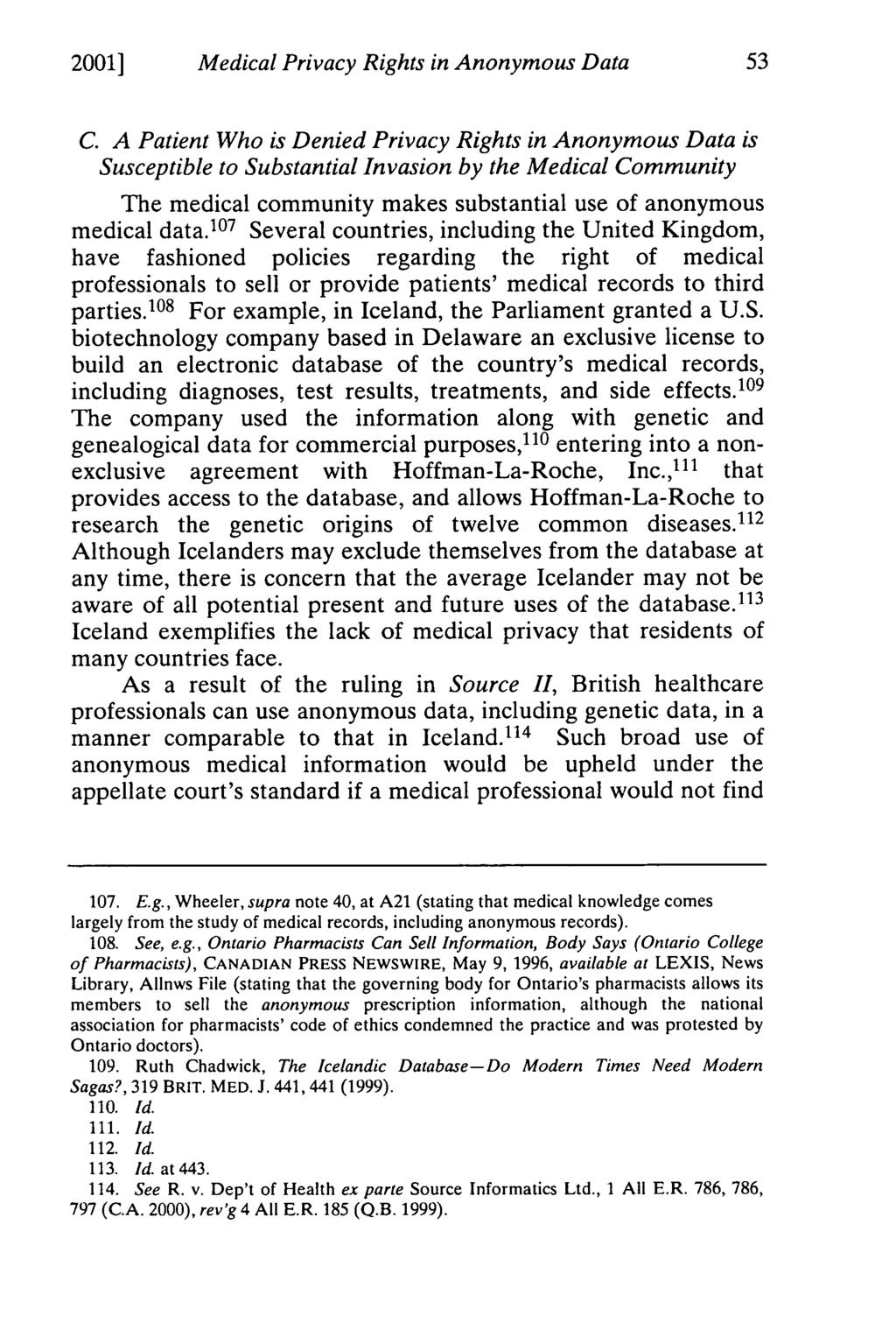 2001] Medical Privacy Rights in Anonymous Data C.