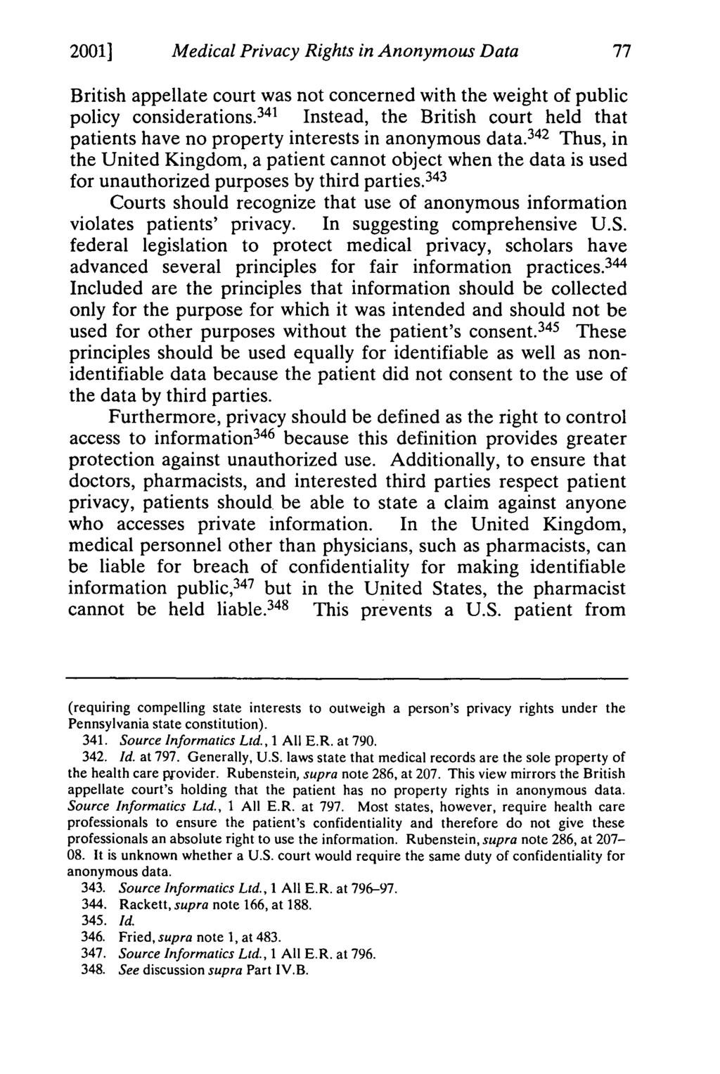 2001] Medical Privacy Rights in Anonymous Data British appellate court was not concerned with the weight of public policy considerations.