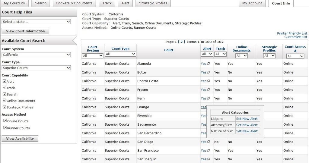 For example, select California from the Court System list and Superior Courts from the Court Type list. Your chart: Use the column links to refine and sort your chart.