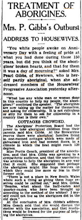 Source 2: Treatment of Aborigines article on Pearl Gibbs regarding the Day of Mourning, Sydney Morning Herald, Saturday 12 February 1938 Excerpted transcript of Treatment of Aborigines article on