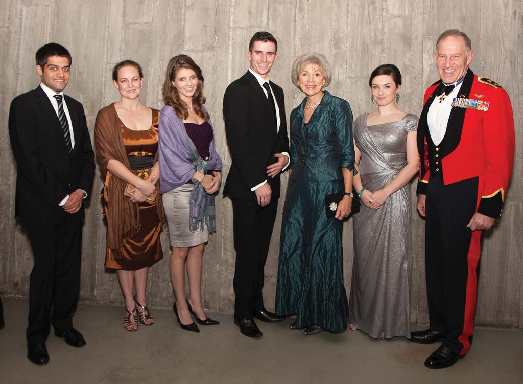 Current and former CDA Institute Interns with the Chief Justice of Canada and the Chief of the Defence Staff at the Vimy Award dinner, 18 November 2011.