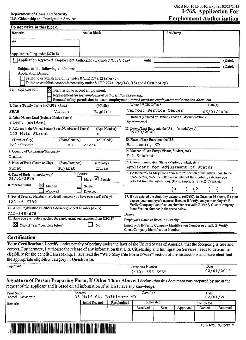 COMPLETING FORM I-765, APPLICATION FOR EMPLOYMENT