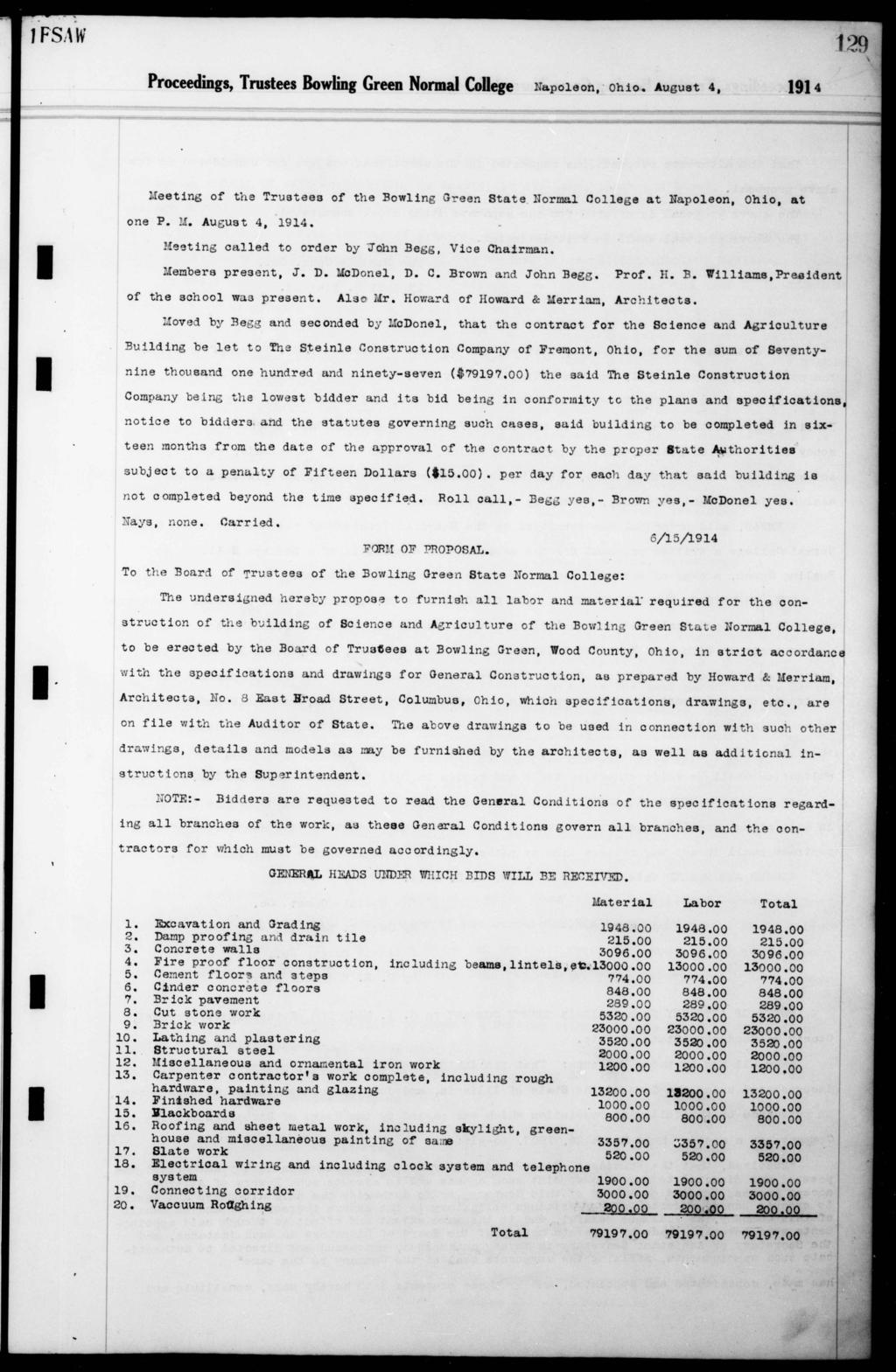 1FSAV 129 Proceedngs, Trustees Bowlng Green Normal College Napoleon, Oho. August 4, 1914 Meetng of the Trustees of the Bowlng Green State Normal College at Napoleon, Oho, at one P. f. August 4, 1914. Meetng called to order by 'John Begg, Vce Charman.