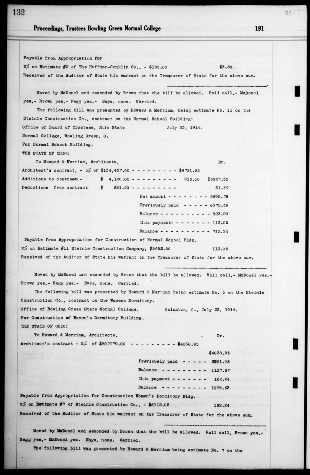 132 r Proceedngs, Trustees Bowlng Green Normal College 191 Payable from Appropraton for 2% on Estmate #2 of The Huffnan-Conkln Co., - $190.00 $3.80.