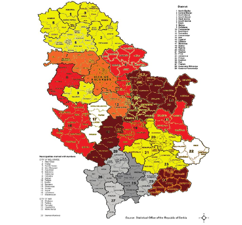 REPUBLIC OF SERBIA - DISTRICTS AND MUNICIPALITIES State as of 1. january 2005 =1.5 =1.5 and =0.9 =0.9 and =0.65 =0.6 and =0.45 =0.