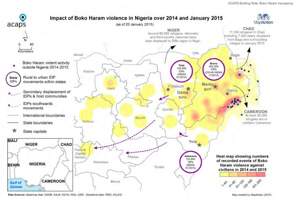 AFRICA CLÉMENT MÉTIVIER VIOLENCE AND DISPLACEMENT IN NORTHERN NIGERIA Figure 4. Geographic impacts of Boko Haram attacks in 2014 Source: Assessment Capacities Project, 2015 Project, 2015).
