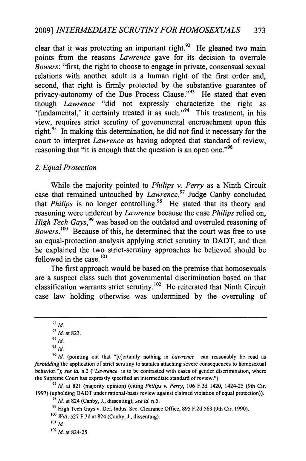 2009] INTERMEDIATE SCRUTINY FOR HOMOSEXUALS 373 clear that it was protecting an important right.