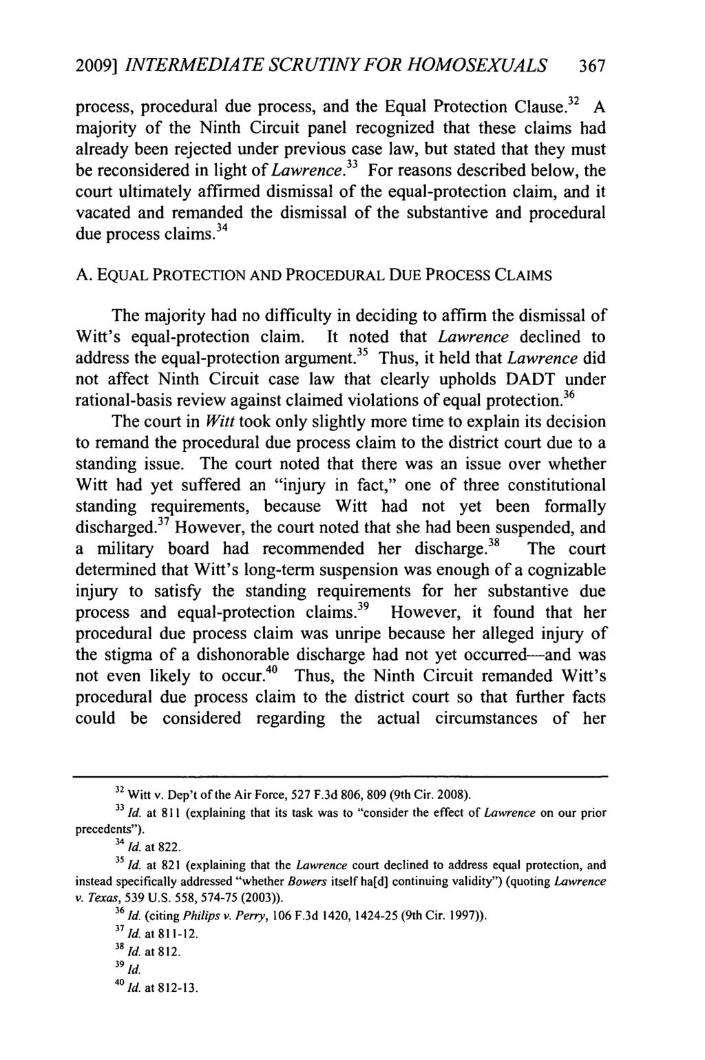 Beeler: Intermediate Scrutiny For Homosexuals 2009] INTERMEDIATE SCRUTINY FOR HOMOSEXUALS 367 process, procedural due process, and the Equal Protection Clause.