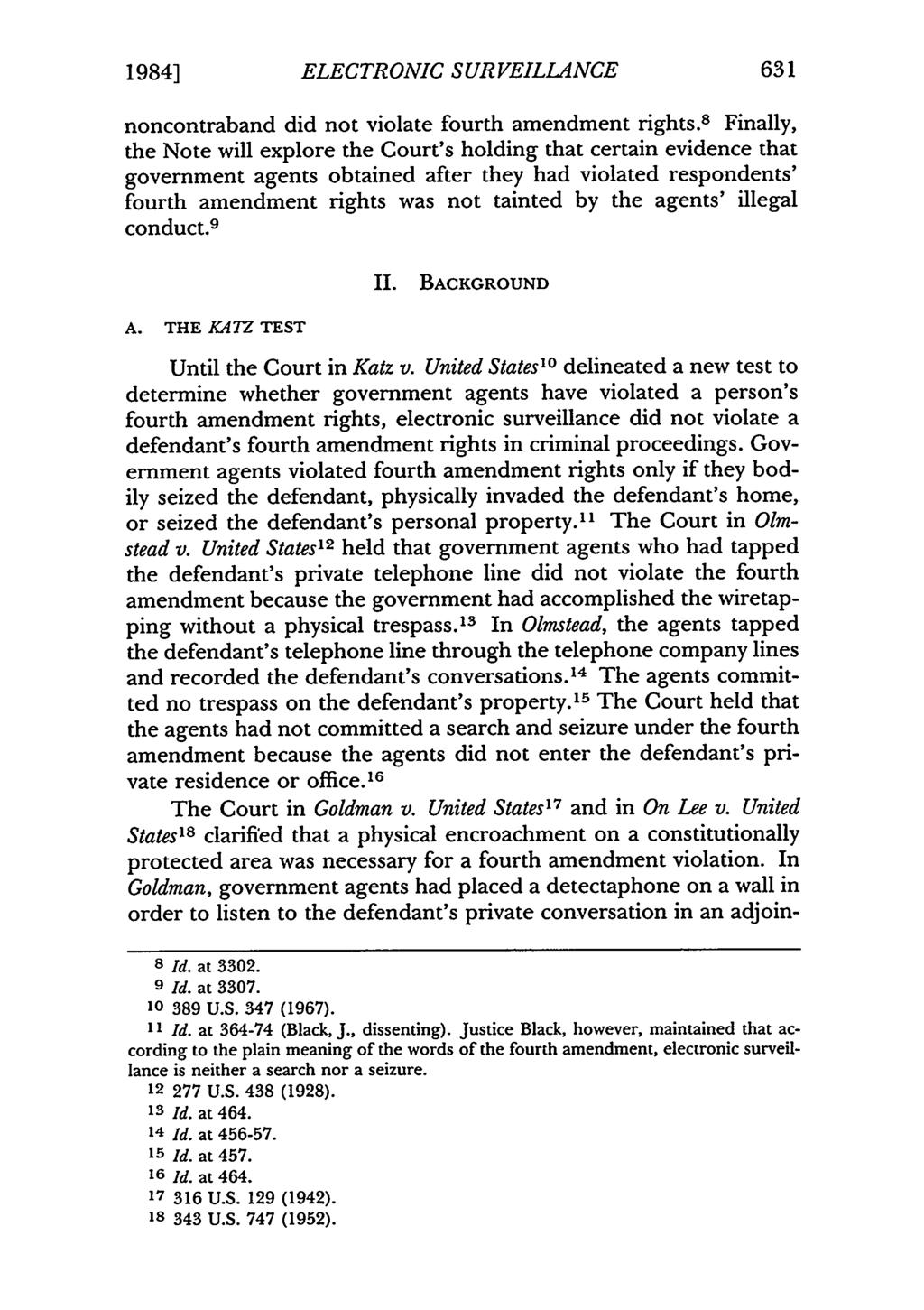 1984] ELECTRONIC SURVEILLANCE noncontraband did not violate fourth amendment rights.