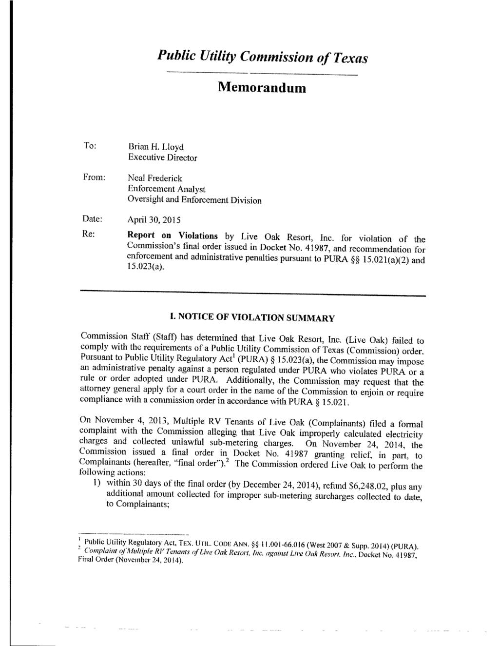 Public Utility Commission qf Texas Memorandum 'ro: Frc}n.i.: Date: Brian H.