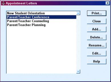 Adding Appointment Letter Specifications 1. Choose Report, Appointment, Letter from the menu bar to open the Letters report window. 2.