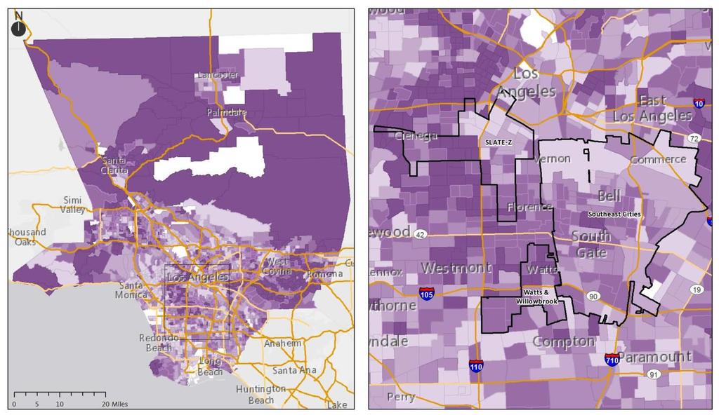Neighborhoods Long commute times for residents PolicyLink and PERE 83 Workers throughout Los Angeles County have long commute times, with an average travel time of 30 minutes for workers in the