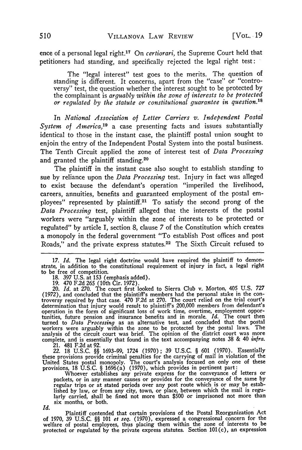 Villanova Law Review, Vol. 19, Iss. 3 [1974], Art. 5 VILLANOVA LAW REVIEW [VOL. 19 ence of a personal legal right.