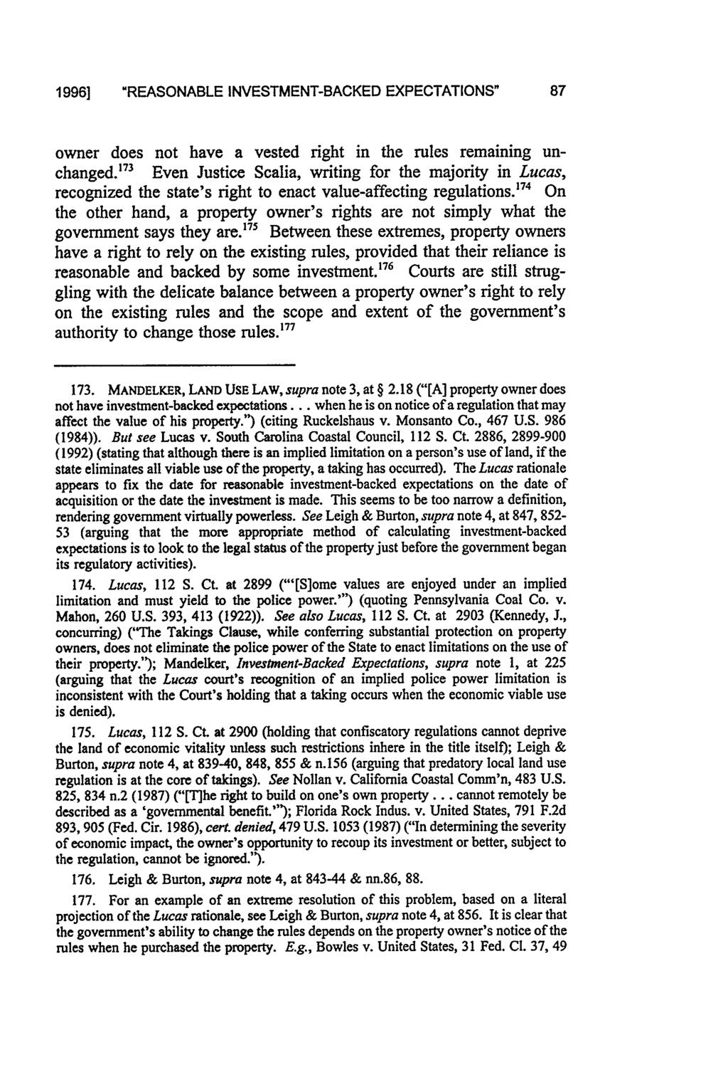 1996] "REASONABLE INVESTMENT-BACKED EXPECTATIONS" 87 owner does not have a vested right in the rules remaining unchanged.