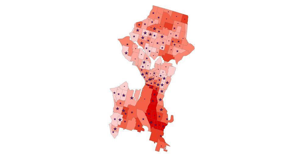 Hill, represented by the dark red swath of neighborhoods on the south side of the city, is majority Asian and includes amenities such as green space, public transportation, and local civic engagement