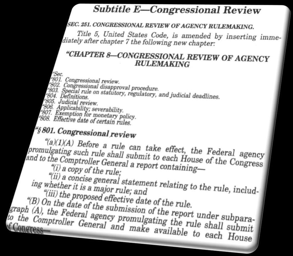 Congressional Review Act of 1996 - expedited procedures for Congress to repeal federal Agency regulations by joint resolution Simple majority vote