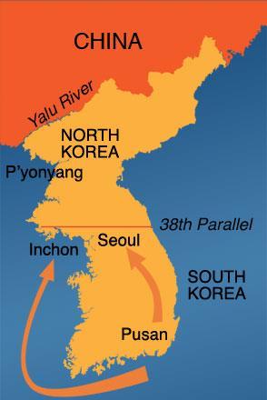 The Divided Peninsula: o After a surprise American invasion at Inchon in September had routed the North Korean forces from the south and sent them fleeing across the 38th parallel.