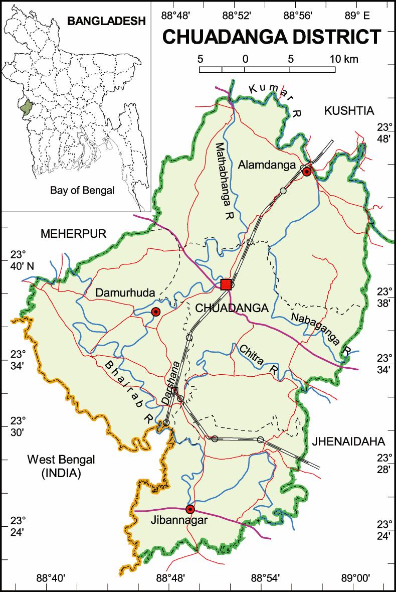 Ahmed/ DEVELOPMENT INNOVATIONS IN BANGLADESH 361 Figure 1: Chuadanga District Source: Banglapedia (2012) One of the major spatial features of this district is that it has an international political