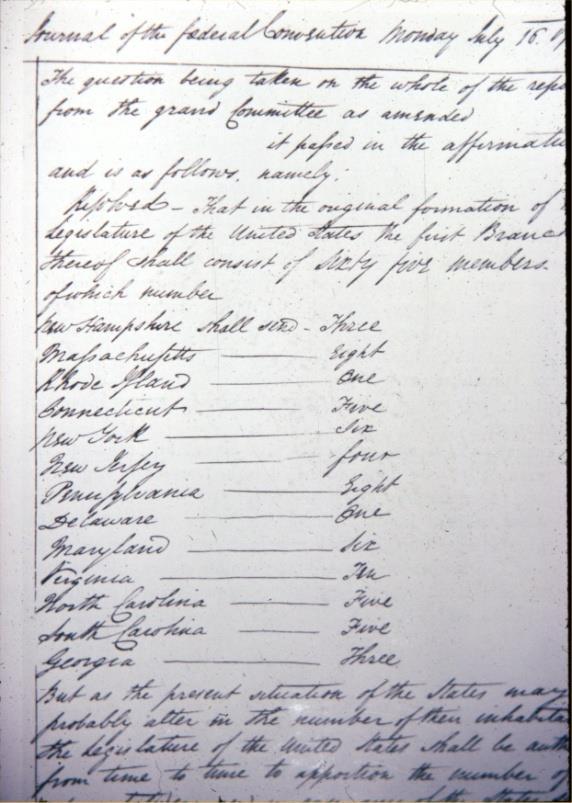 The Great Compromise Text of the Great Compromise establishing numbers of delegates per state Also called the Connecticut