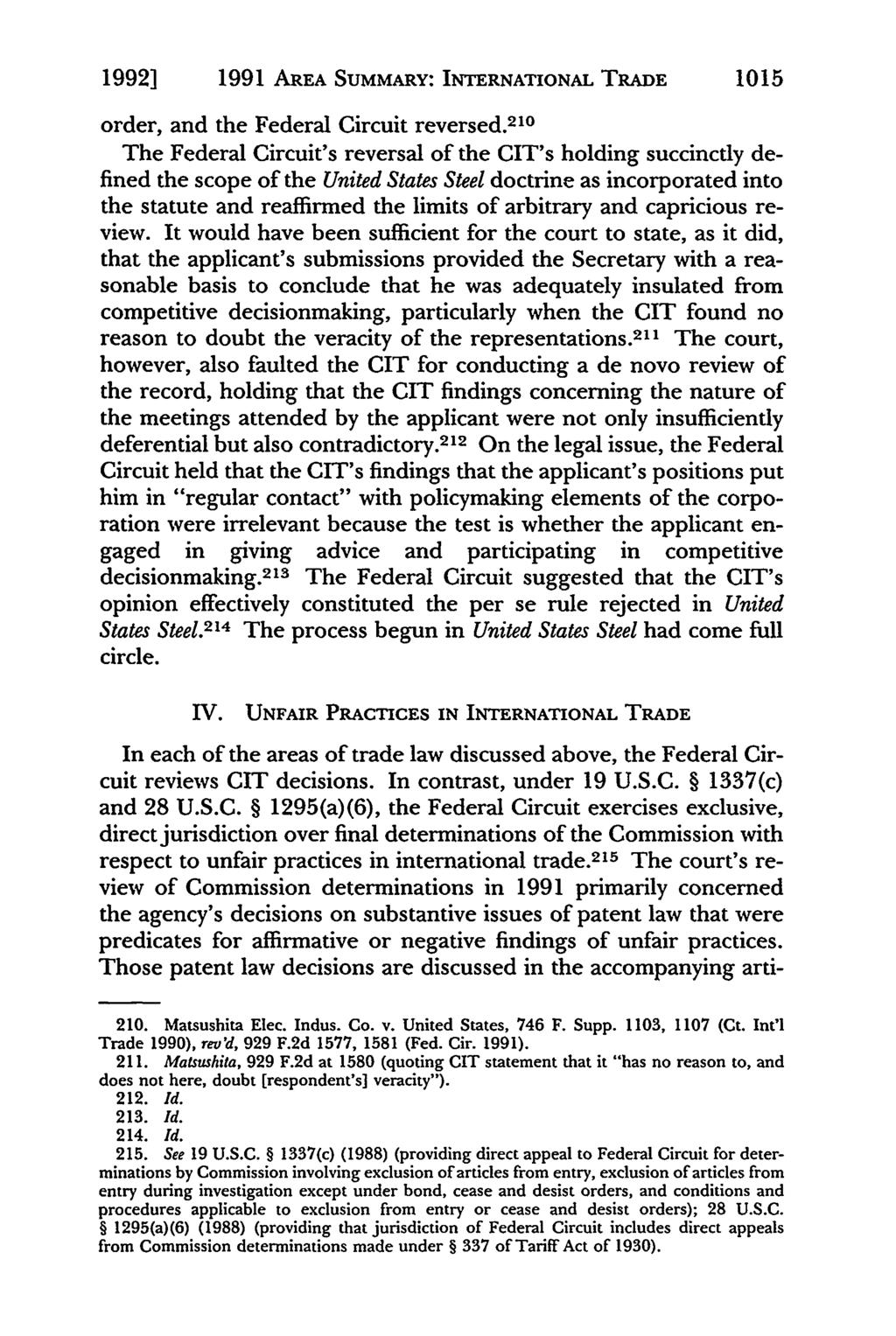 19921 1991 AREA SUMMARY: INTERNATIONAL TRADE 1015 order, and the Federal Circuit reversed.