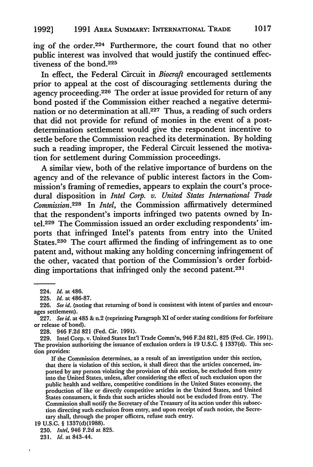 1992] 1991 AREA SUMMARY: INTERNATIONAL TRADE 1017 ing of the order.
