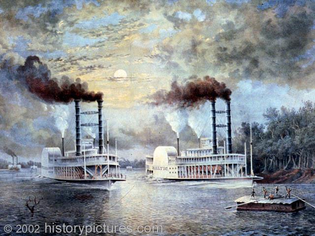 A steamboat race on the Mississippi river Steam power continued to be an important component of an inland transportation network tied into the Mississippi system.