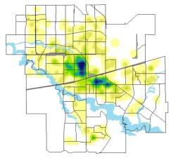 Map 17 Kernel density distribution of car theft incidents, Regina, 2001 N Density High Low Regina Neighbourhood Service Area Based on 3,782 car theft incidents.