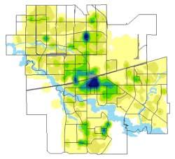 Map 25 Kernel density distribution of theft under $5,000 incidents, Regina, 2001 N Density High Low Regina Neighbourhood Service Area Based on 13,697