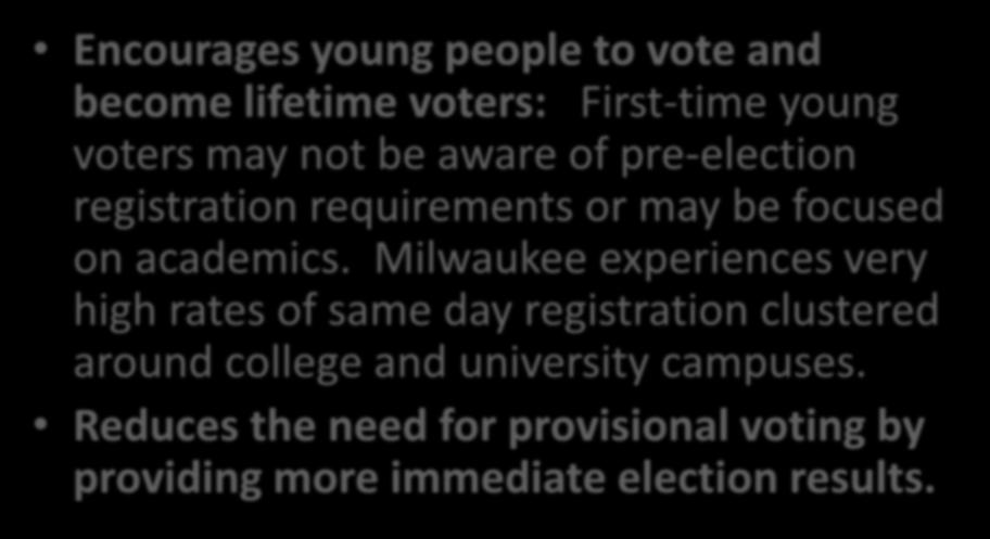 Benefits of Same Day Registration (continued) Encourages young people to vote and become lifetime voters: First-time young voters may not be aware of pre-election registration requirements or may be