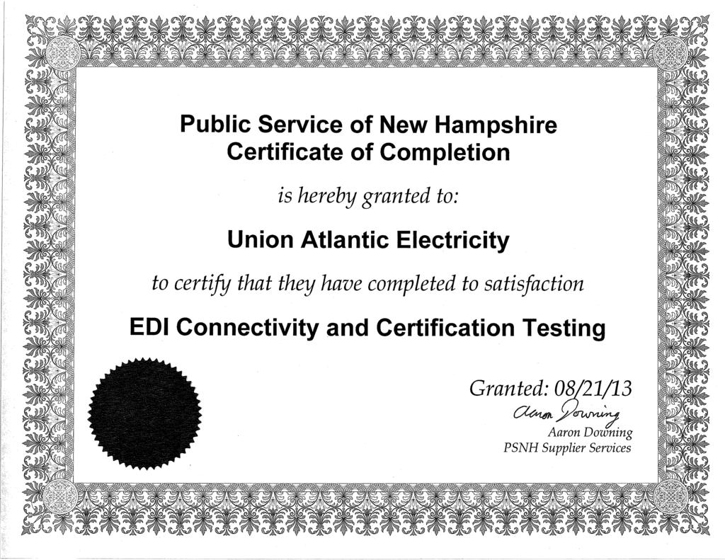 Public Service of Ne Hampshire Certificate of Completion is hereby granted to: to certify that they have completed