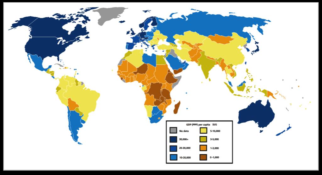 The map below shows the real GDP per capita in countries around the world. GDP includes all the goods and services produced in a country over a set period of time, usually quarterly or annually.