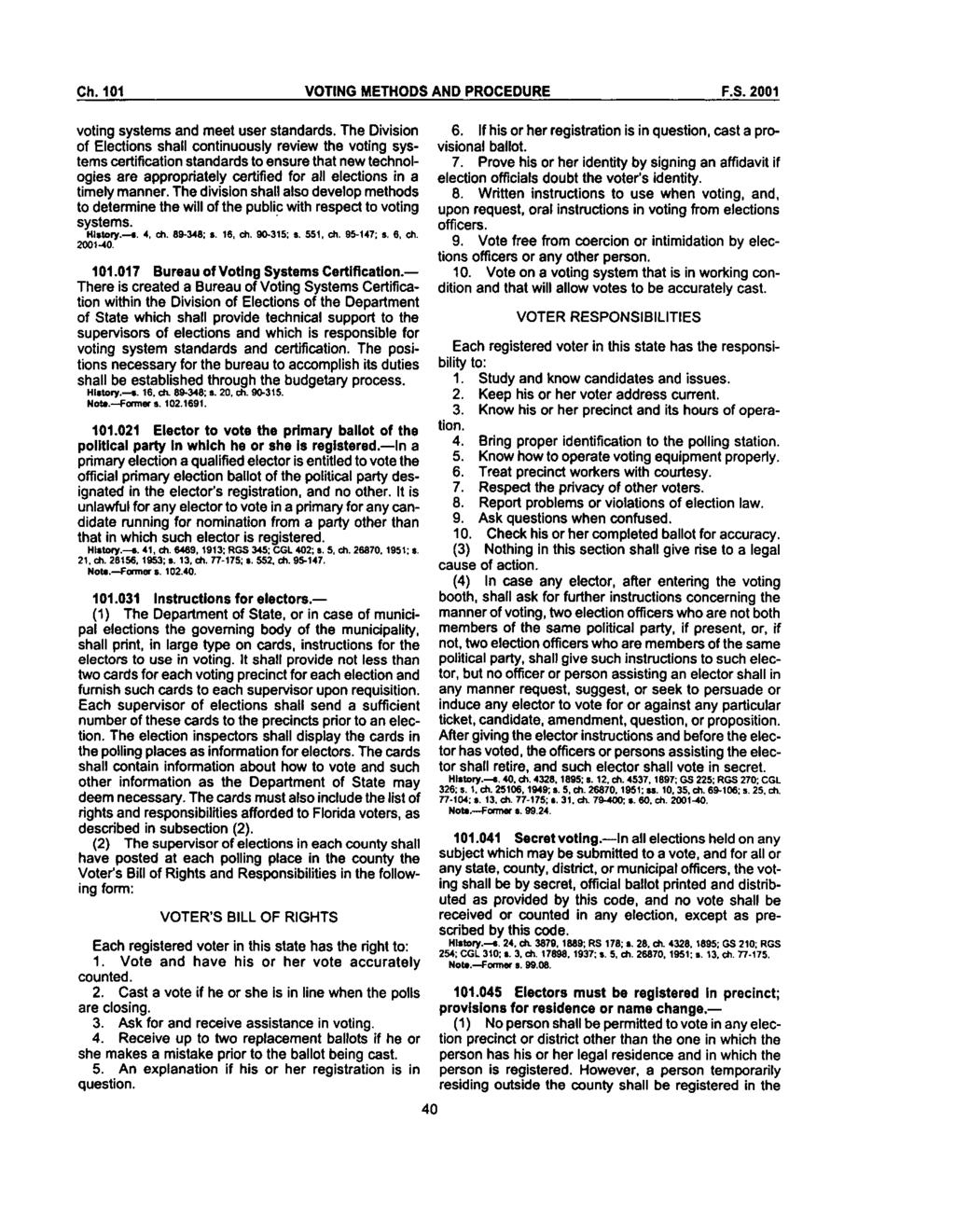 Ch.101 VOTING METHODS AND PROCEDURE F.S.2001 voting systems and meet user standards.
