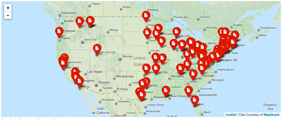 Scool- by- scool enforcement map indicating scools wit resolved activities conducted by te U.S. Departments of Education and Justice. Map courtesy of NotAlone.