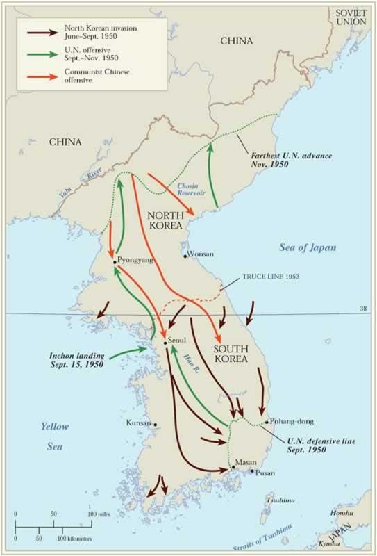 3 This map depicts the situation in the Korean peninsula during the war. During the first years, the North Koreans were incredibly successful and left the U.N.-South Korea bloc little defensive territory.