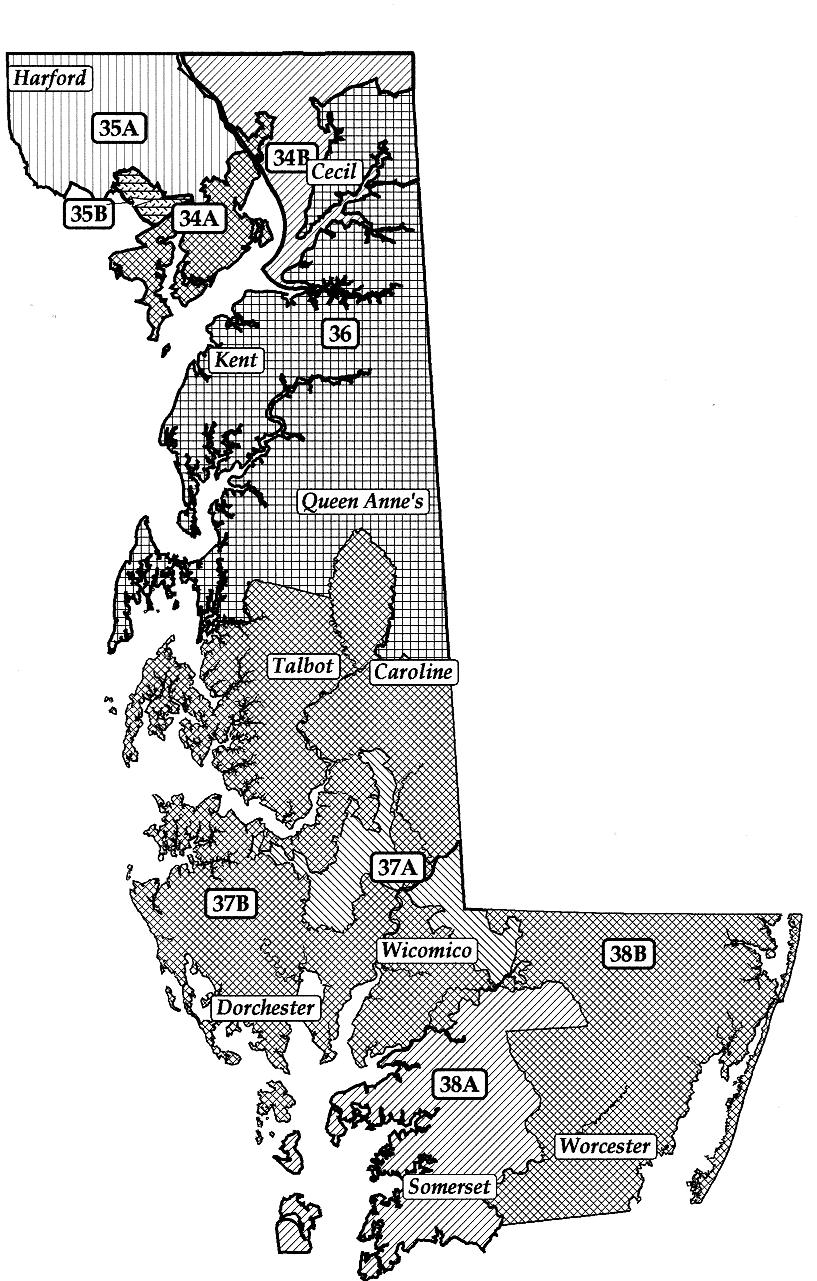 MAP 9 State Legislative Districts County District Harford 34 (34A), 35 (35A, 35B) Cecil 34 (34A, 34B), 36 Kent 36 Queen Anne s 36 Caroline 36, 37 (37B)