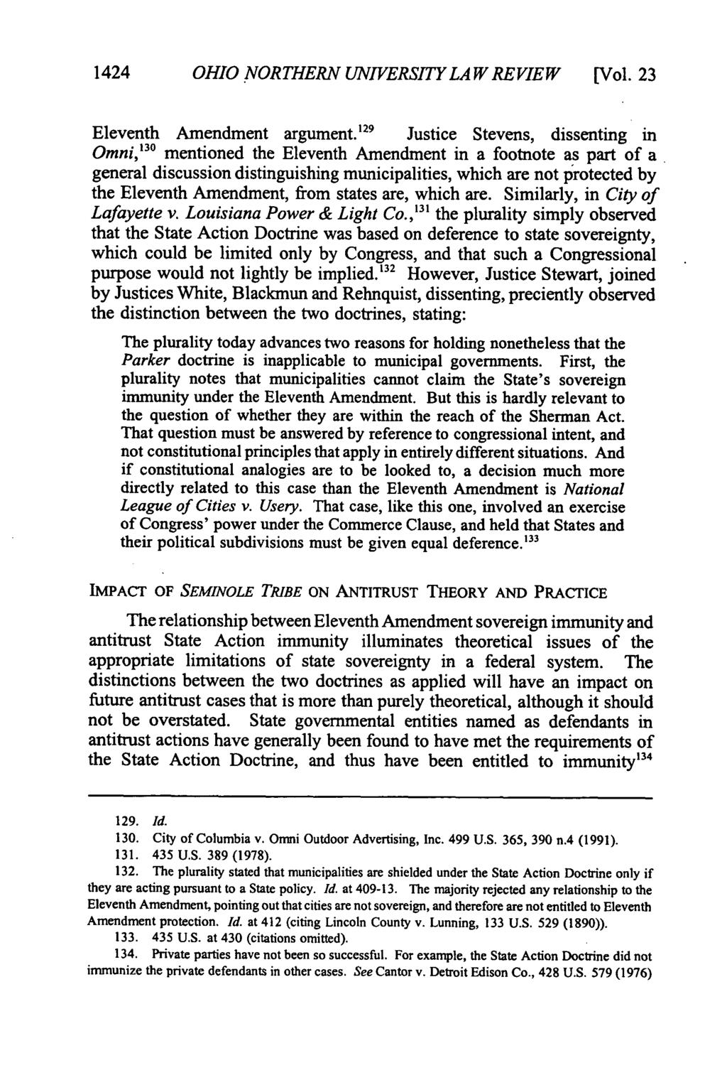 1424 OHIO NORTHERN UNIVERSITY LAW REVIEW [Vol. 23 Eleventh Amendment argument.