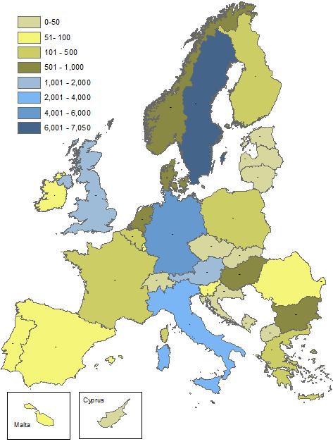 Figure 2.1: Overview of asylum applications by unaccompanied minors in the EU Member States and Norway. A total number of 23,075 asylum applications were submitted by UAMs. Figure 2.