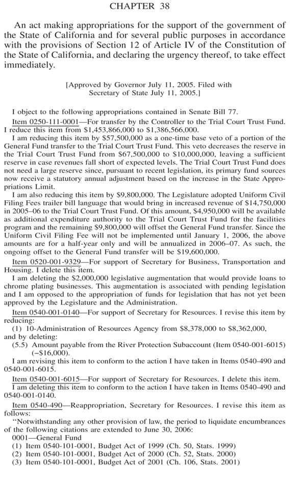 136 CALIFORNIA S LEGISLATURE Page one of the 694-page Budget Bill of 2005 (SB 77) as chaptered.