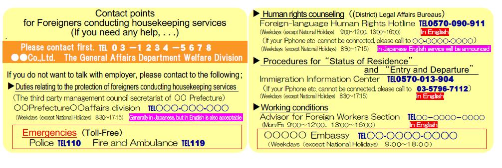 [Figure 13] Portable card with list of complaint/consultation services (English template) (Cabinet Office) (5) Efforts against the demand side for trafficking in persons i) Educating people on the