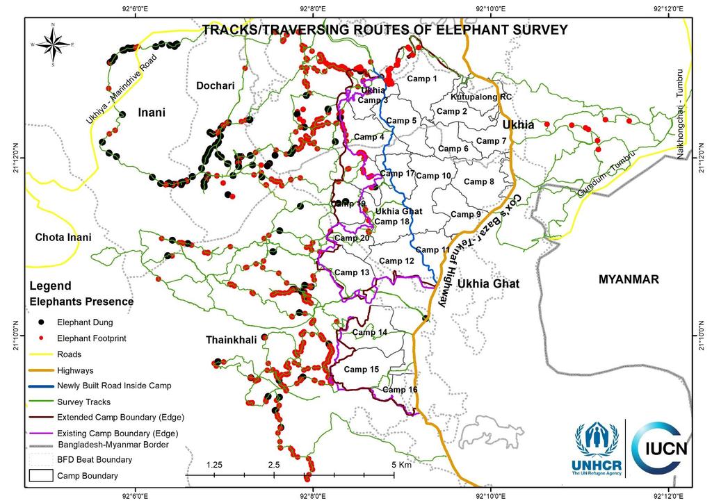 Map 4: Elephant presence, along with traversing routes, around Kutupalong Camp in Cox s Bazar, based on elephant signs - foot-prints