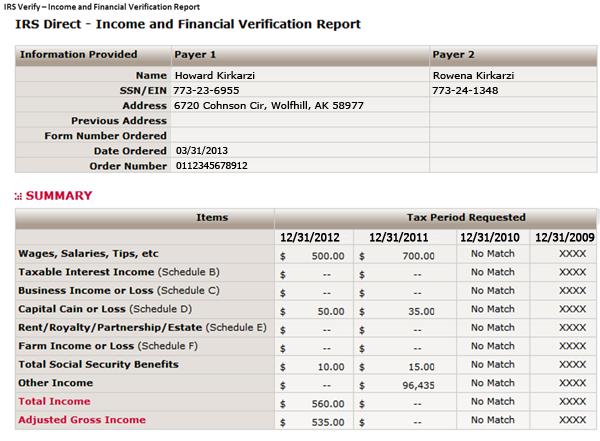 Sample IRS Verify Report The report will summarize information as it relates to the subject s income based on the type of