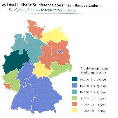 Foreign students by federal states in 2002 Source: Wissenschaft Weltoffen 2003 Lander Foreign Percent of Students (000) Total Nordrhein-Westfalen 57.5 27.9 Bayern 23.1 11.2 Baden-Württemberg 29.2 14.