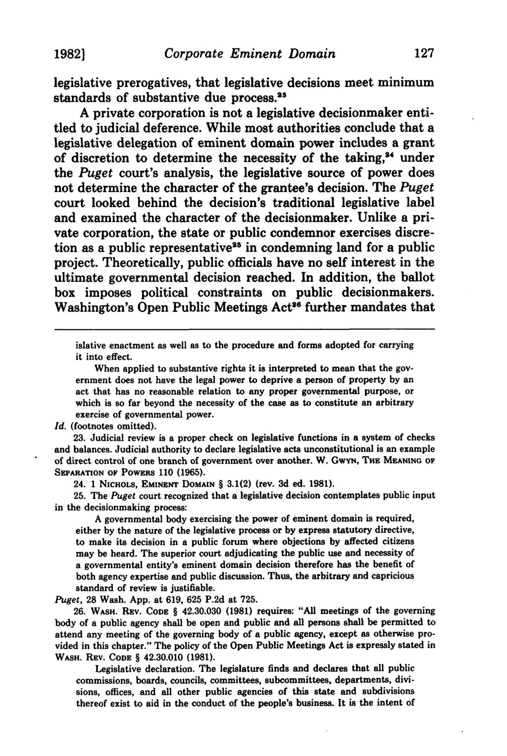 1982] Corporate Eminent Domain legislative prerogatives, that legislative decisions meet minimum standards of substantive due process.
