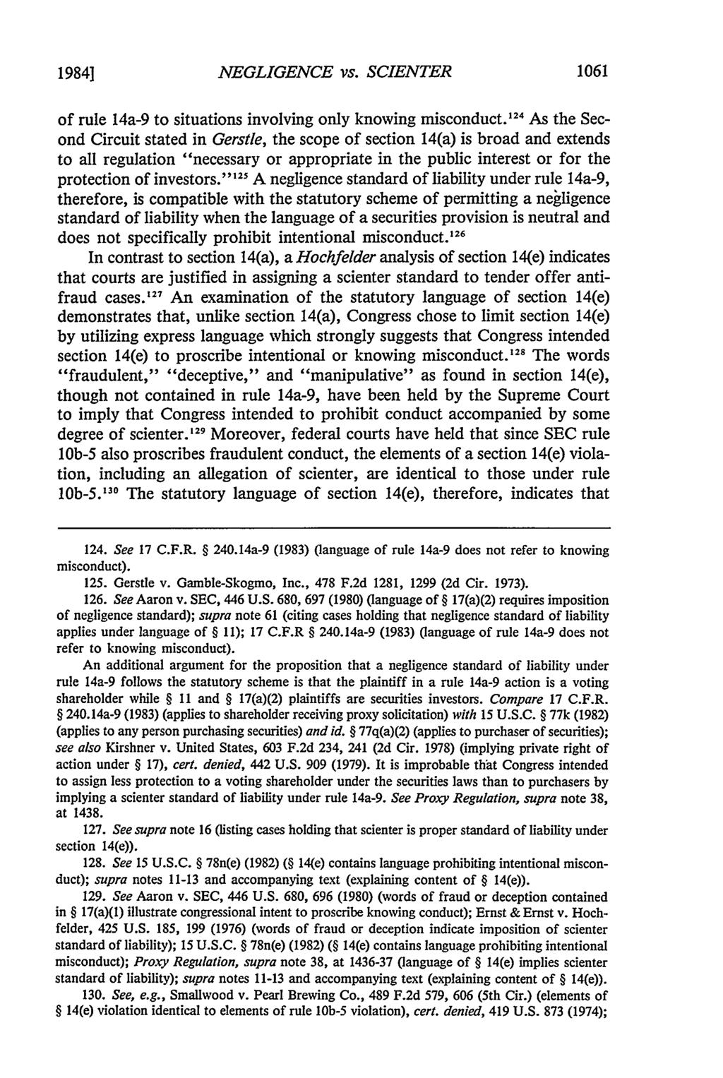 1984] NEGLIGENCE vs. SCIENTER 1061 of rule 14a-9 to situations involving only knowing misconduct.