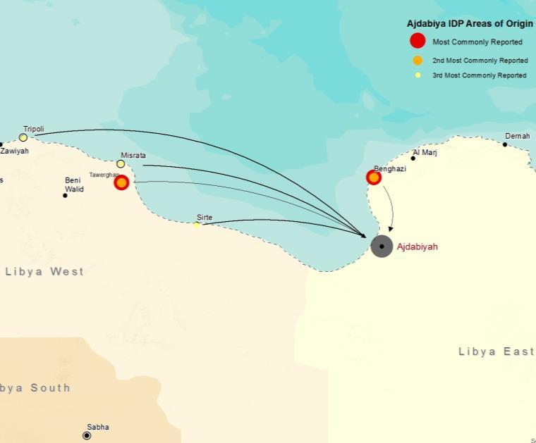 Map 4: Reported areas of origin of IDPs in Adjabiyah, Tobruk,