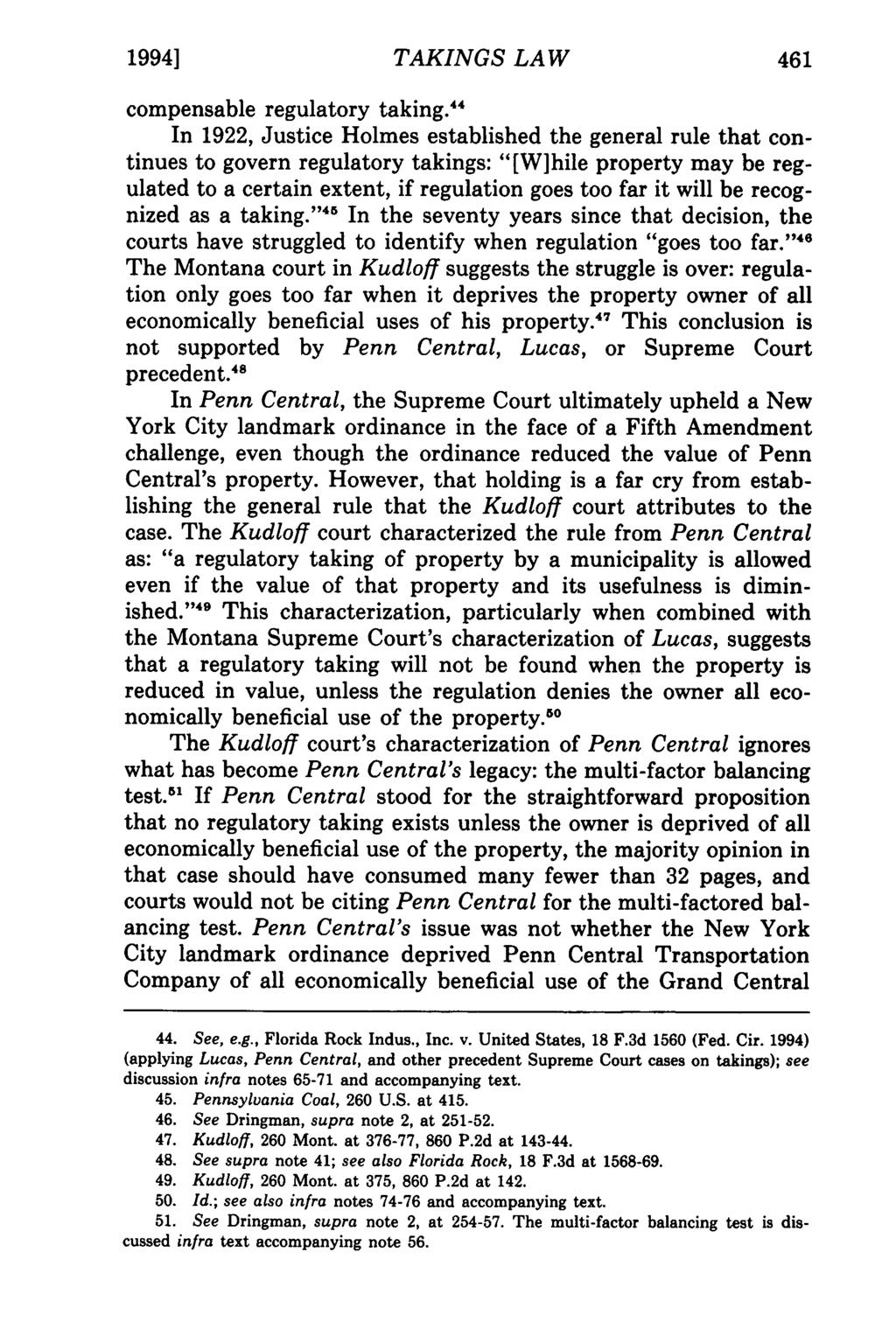 1994] Horwich and Lund: Montana Supreme TAKINGS Court Unnecessarily LAW Misconstrues Takings Law compensable regulatory taking.