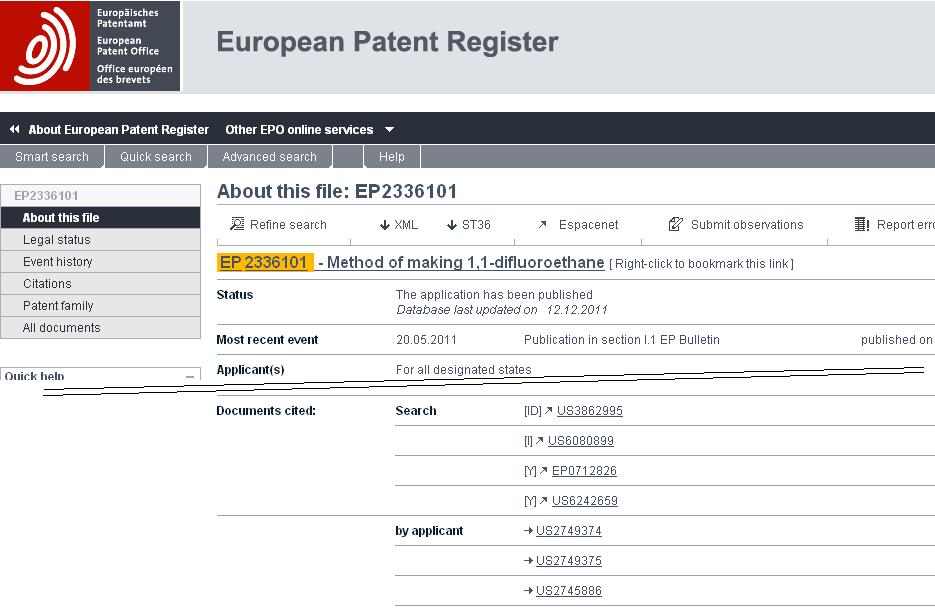 Annex, page 2 Sample extract from European Patent Register, showing I category documents, which appear as X on the European Search Report. 5.