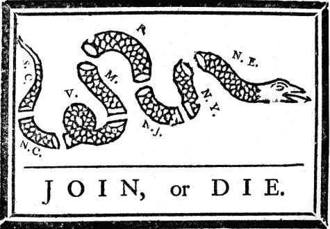 Benjamin Franklin published this woodcut in the Pennsylvania Gazette, which represents America as a snake severed into various provinces.